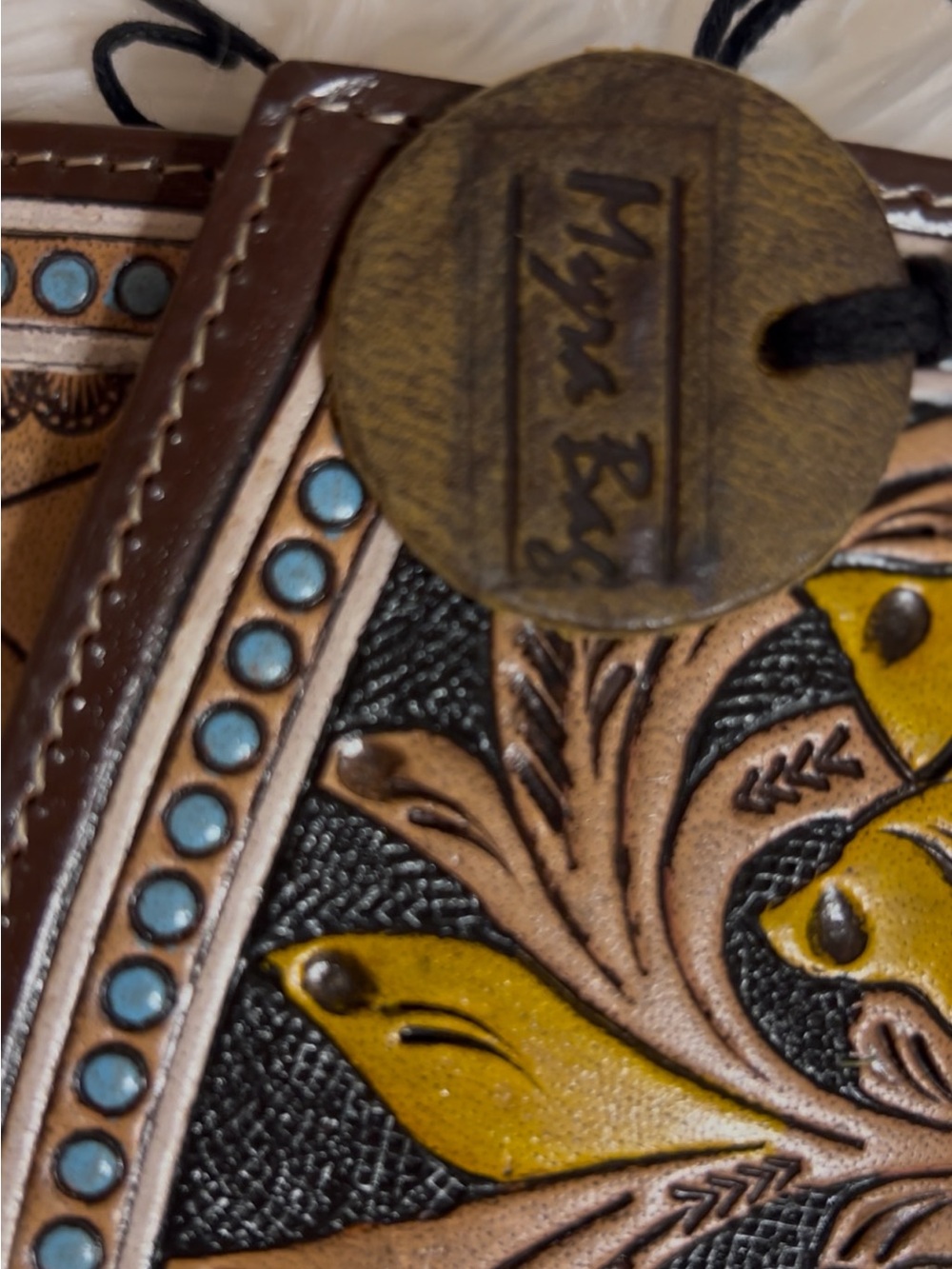 Myra Bag Yellow & Turquoise Tooled Leather Wallet - Picture 2 of 5
